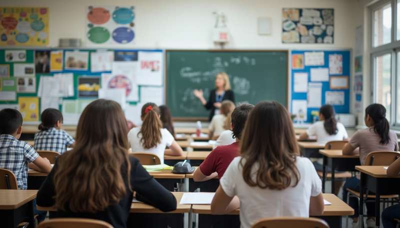 Aula de clases con maestro y estudiantes, resultados educativos KIKU